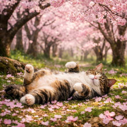 Tabby cat lying on its back on grass covered with pink cherry blossom petals in a grove of cherry trees in bloom
