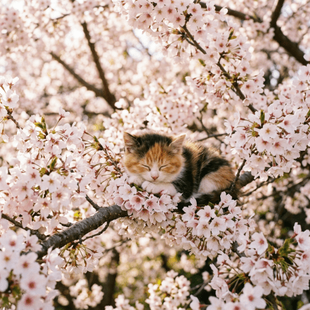 Calico kitten sleeping quietly on a branch of pink cherry blossom flowers