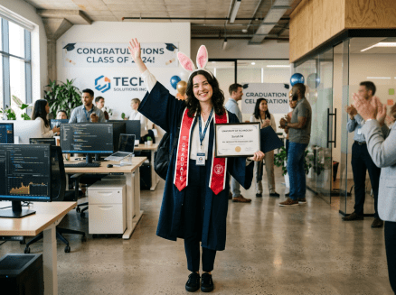 Graduate in cap and gown holding diploma and wearing bunny ears in office celebration