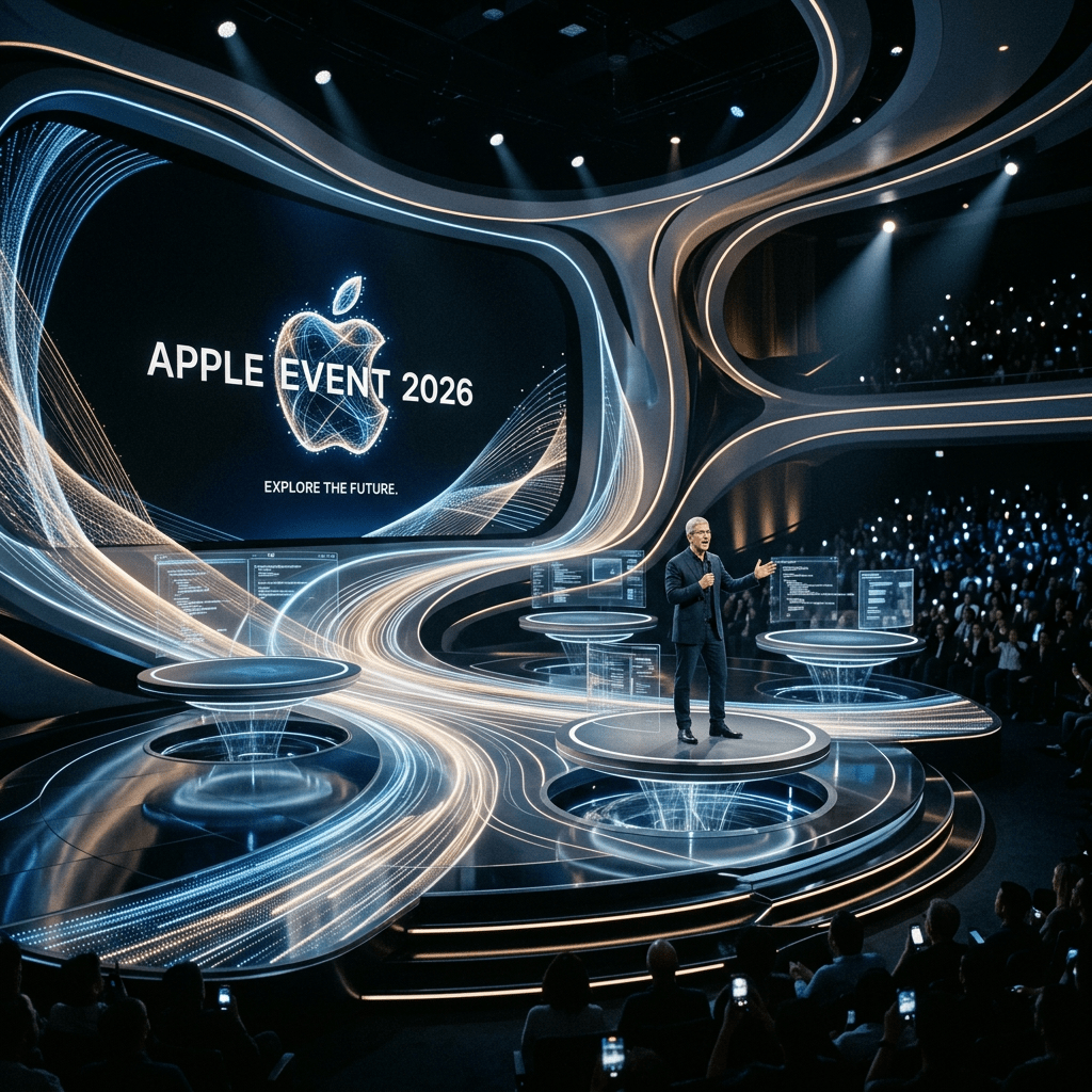 Presenter speaking on stage at Apple Event 2026 with futuristic digital interfaces