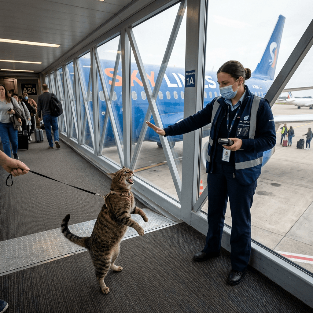 Security officer raising hand to stop a cat on leash in airport boarding corridor