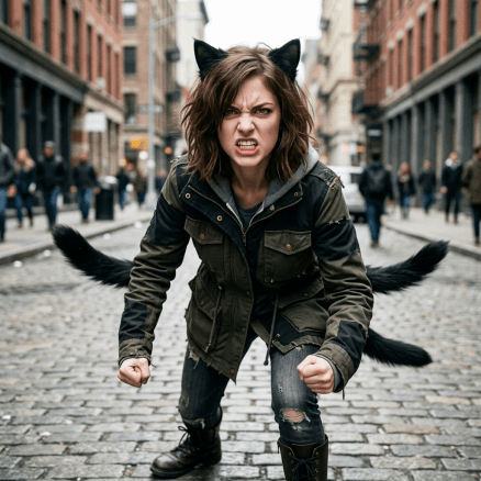 Person wearing cat ears and tail crouched with clenched fists on cobblestone street