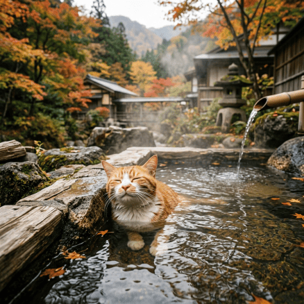 Orange-and-white cat relaxing in a Japanese hot spring amid autumn foliage